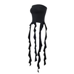 Y2K Tank Tops Asymmetrical Fringed Ruffle Top Streetwear Black Strapless Womans Summer Clothes