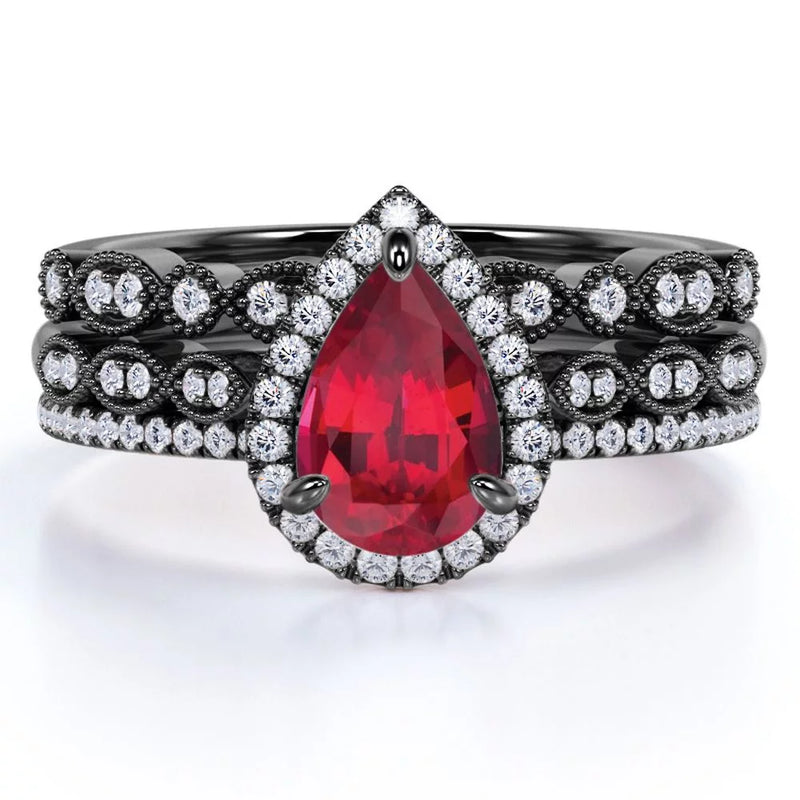 1.75 Carat Teardrop Vintage Simulated Ruby Trio Set in 18K Black Gold over Silver.