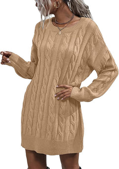 Womens Sweater Dress Crewneck Long Sleeve Cable Knitted Dress Casual Loose Knit Mini Dress Khaki.