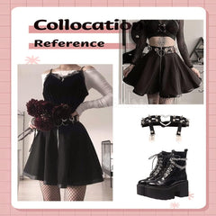 Halloween Skirt Black Pleated Skirts for Women School Girl Skirt Black Leather Skirts Costume Ruffle Skirt Goth Cheer Skirt