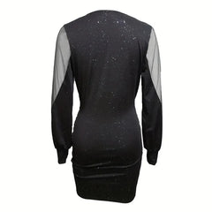 Women Sexy Deep V Neck Ruffle Bodycon Mesh Long Sleeve Dress.