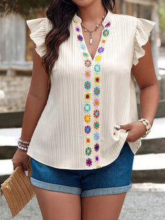 Women Summer plus Size Elegant Applique V Neck Shirt Short Sleeve.