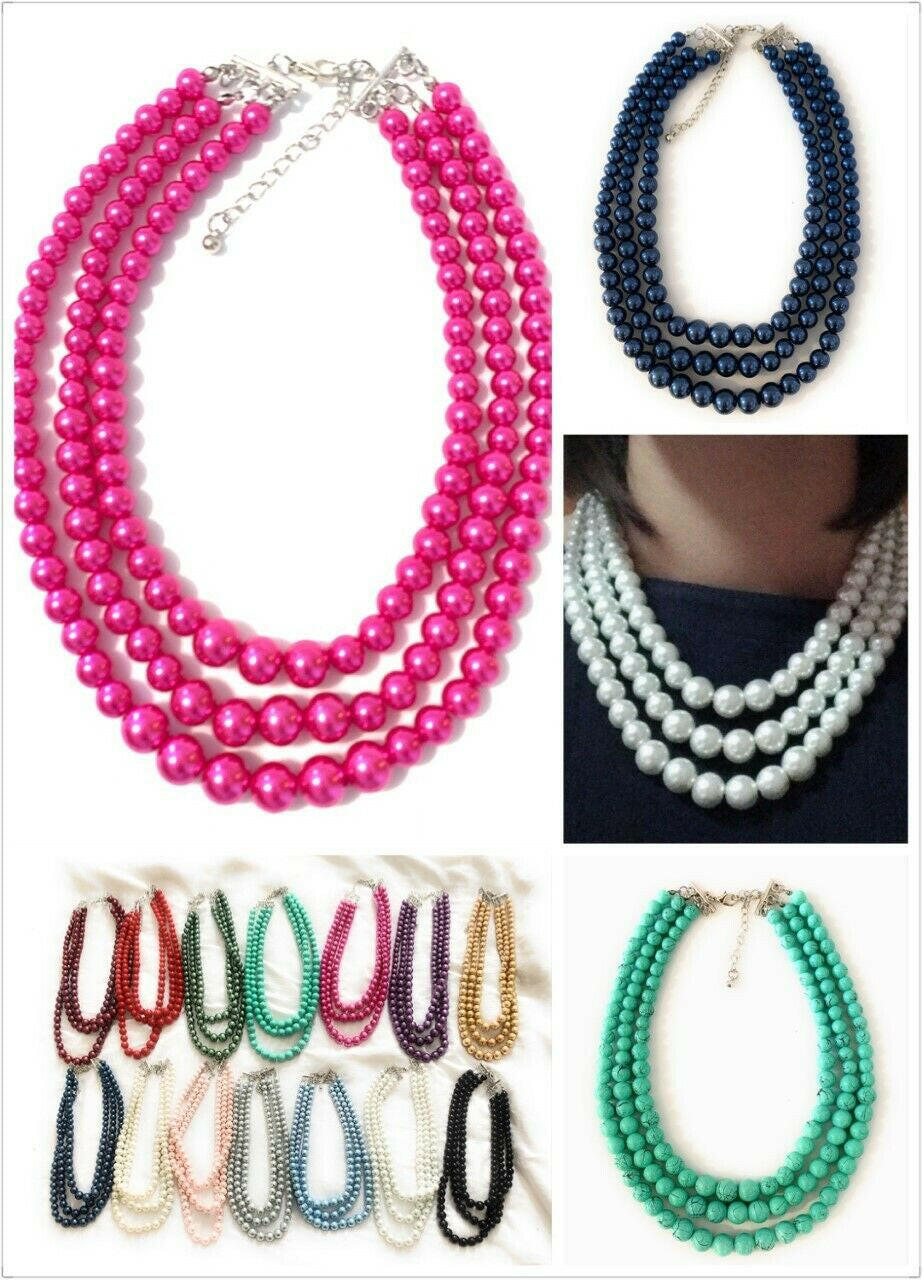 Womans Faux Pearl 3 Layer Multi Strand Gatsby Necklace Statement Bib Vintage UK.