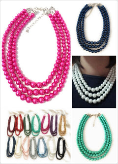Womans Faux Pearl 3 Layer Multi Strand Gatsby Necklace Statement Bib Vintage UK