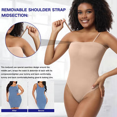 Women Strapless Bodysuit Ribbed One Piece Thong Shapewear off Shoulder Tops Leotard Removable Straps Tummy Control Body Shaper.
