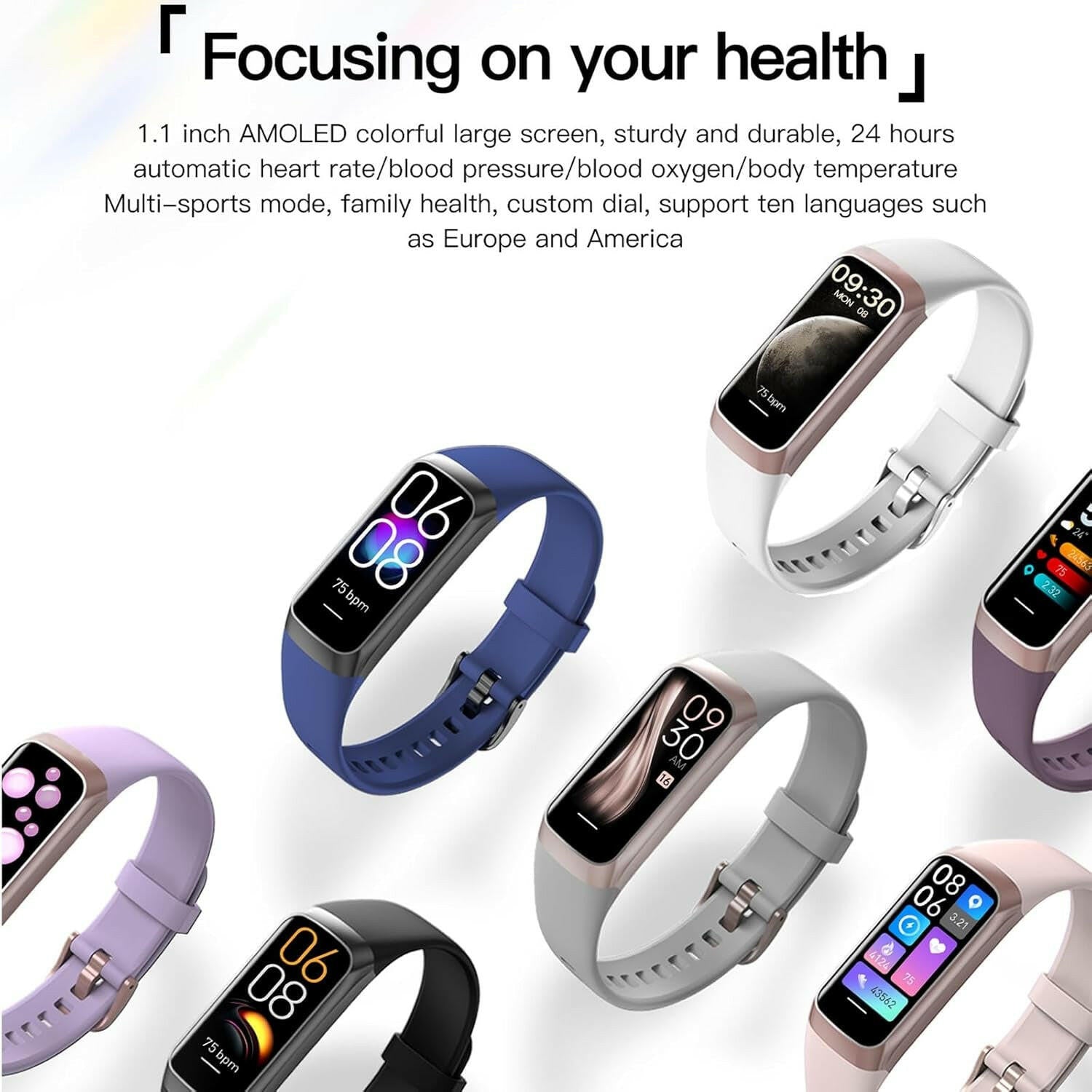 Keep Health Fitness Trackers for Women Men, Amoled Fitness Tracker for Android&Ios, Alarm Stopwatch Fitness Tracker with Blood Pressure Monitor, Calories Burned IP68 Waterproof Fitness Step Tracker.