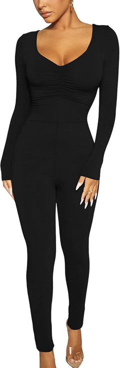 Women'S Sexy Long Sleeve Bodycon One Piece Jumpsuits Club Outfits V Neck Ruched Rompers