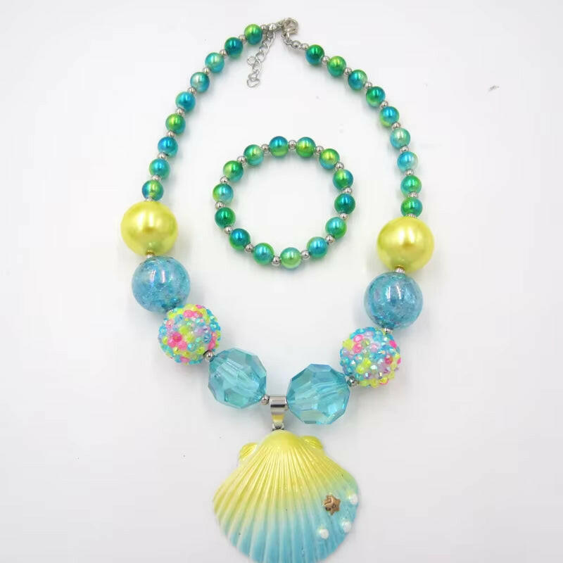 1Set/Lot NEW Child Girls Love Pink Shell Design Pendant with Chunky Bead Bubblegum Necklace Bracelet Jewelry Set for Kids Gift.