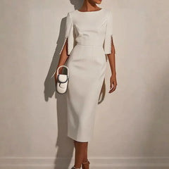 Women Elegant Solid Pearl Embellished Back Zipper and Slit Sleeves round Neck Dress.
