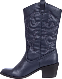 Cowboy Boots for Women Mid-Calf Boot Embroidered Stiching Western Cowgirl Boots Low Stacked Heel.