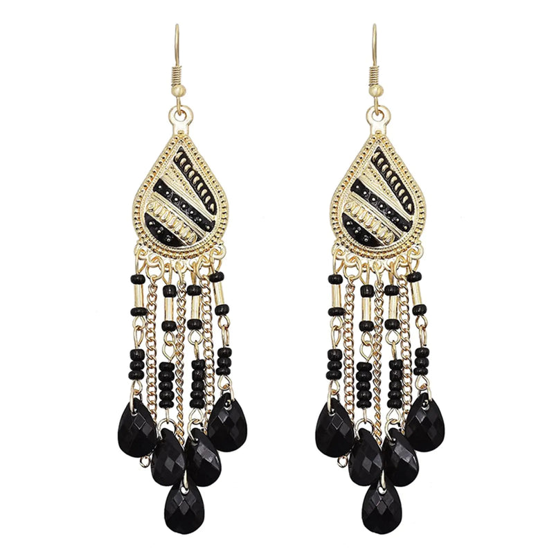 Coadipress Long Bohemian Drop Dangle Earrings for Women Retro Colorful Tassel Statement Drop Earrings Beaded Tassel Chandelier Earring Boho Elegant Jewelry (Gold Black)