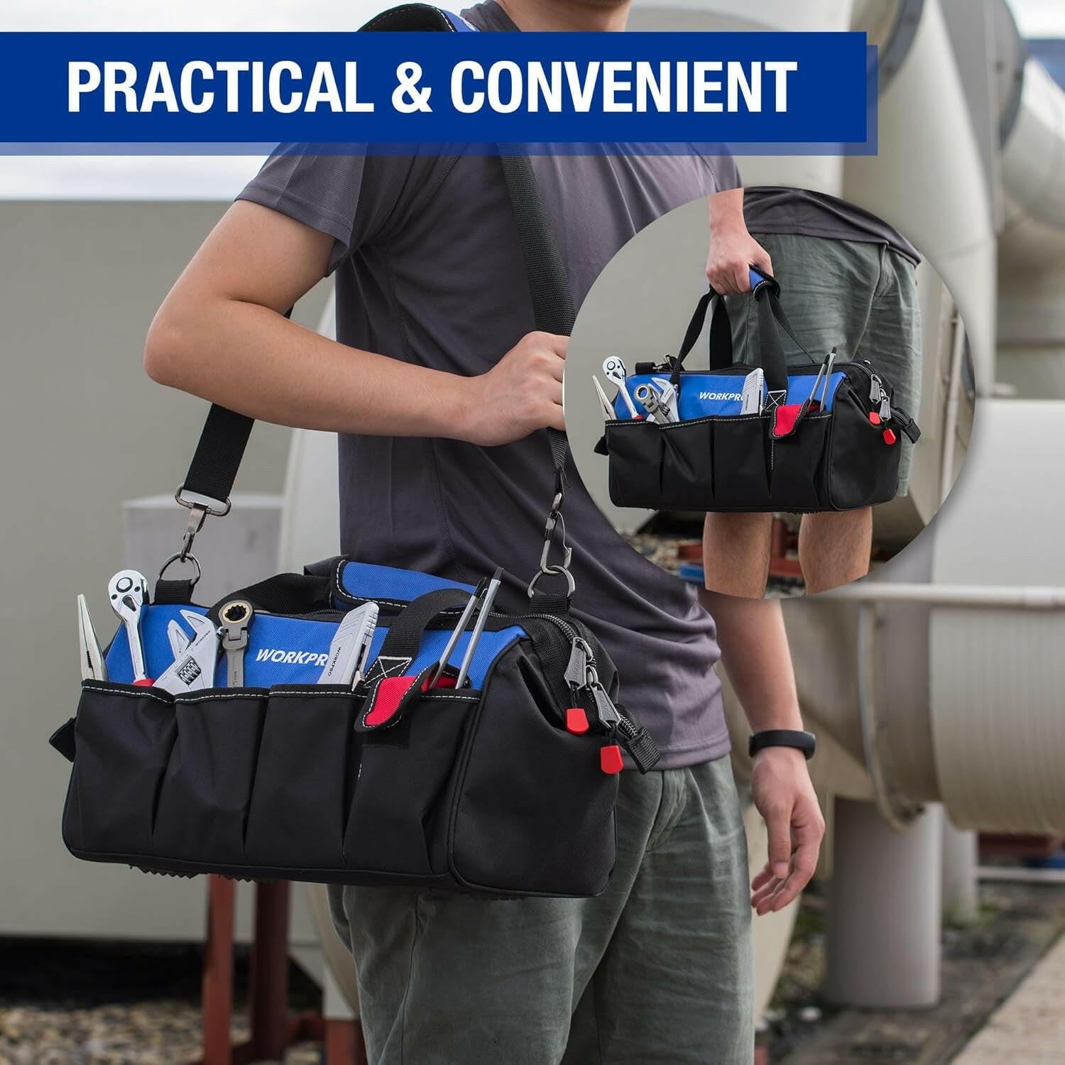 18-Inch Close Top Wide Mouth Storage Tool Bag with Adjustable Shoulder Strap, Sturdy Bottom.