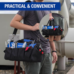 18-Inch Close Top Wide Mouth Storage Tool Bag with Adjustable Shoulder Strap, Sturdy Bottom.
