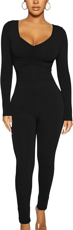 Women'S Sexy Long Sleeve Bodycon One Piece Jumpsuits Club Outfits V Neck Ruched Rompers