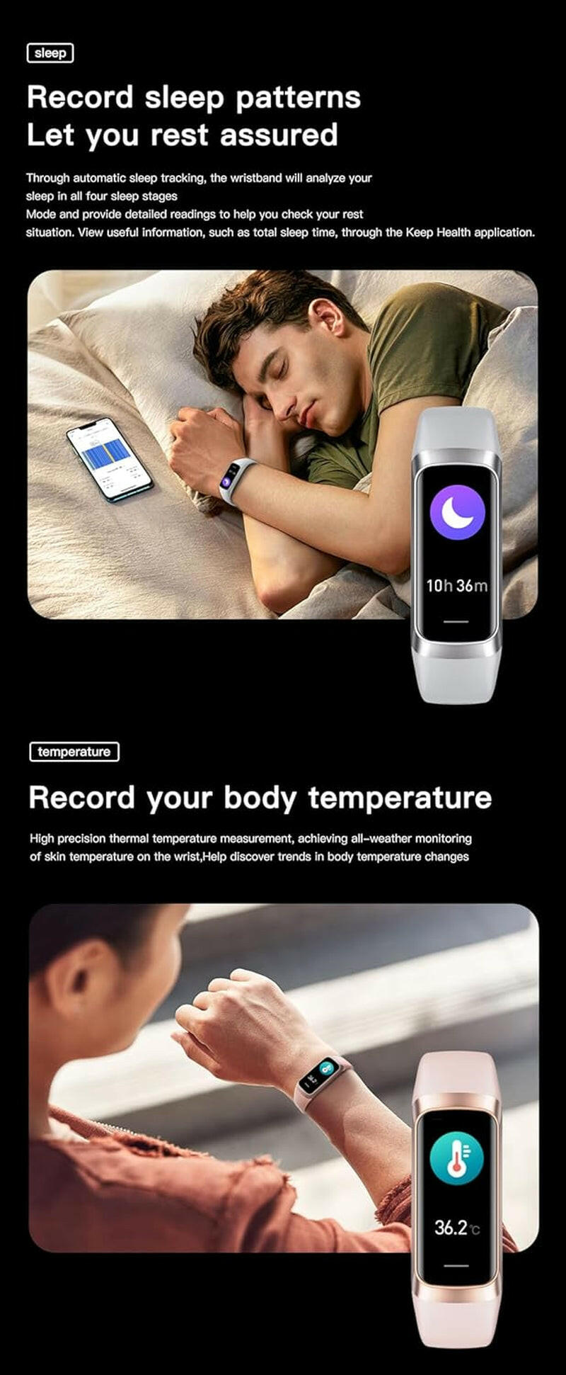Keep Health Fitness Trackers for Women Men, Amoled Fitness Tracker for Android&Ios, Alarm Stopwatch Fitness Tracker with Blood Pressure Monitor, Calories Burned IP68 Waterproof Fitness Step Tracker.