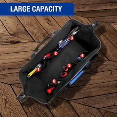18-Inch Close Top Wide Mouth Storage Tool Bag with Adjustable Shoulder Strap, Sturdy Bottom.
