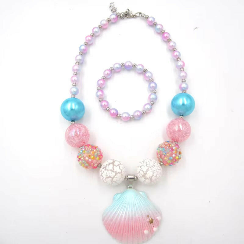 1Set/Lot NEW Child Girls Love Pink Shell Design Pendant with Chunky Bead Bubblegum Necklace Bracelet Jewelry Set for Kids Gift.