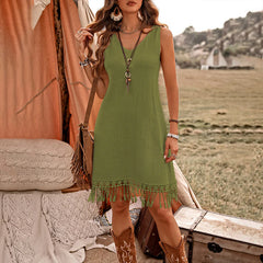 Women Elegant Solid Color V Neck Fringe Detail Sleeveless Bohemian Dress.