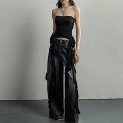 Y2K Tank Tops Asymmetrical Fringed Ruffle Top Streetwear Black Strapless Womans Summer Clothes