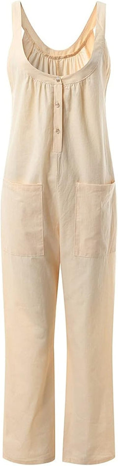 Women'S Jumpsuits Casual Baggy Overalls Cotton Long Rompers Wide Leg Solid Pants U Neck Summer One Piece Playsuit