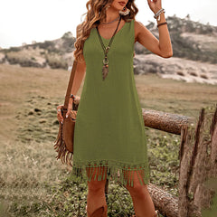 Women Elegant Solid Color V Neck Fringe Detail Sleeveless Bohemian Dress.