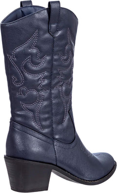 Cowboy Boots for Women Mid-Calf Boot Embroidered Stiching Western Cowgirl Boots Low Stacked Heel.