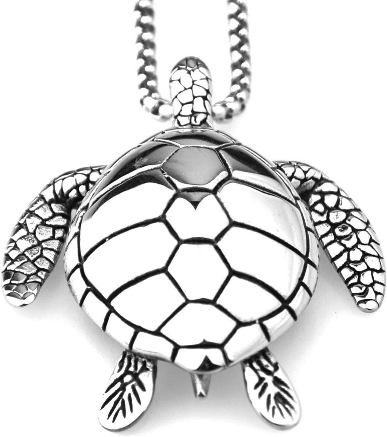 Large Silver Sea Turtle Pendant Necklace Stainless Steel Big Jewelry Men, Womans.