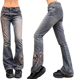 Women High Waisted Pants Y2K Graphic Wide Leg Denim Jeans Straight Casual Loose Baggy Trousers Vintage E-Girl Streetwear.