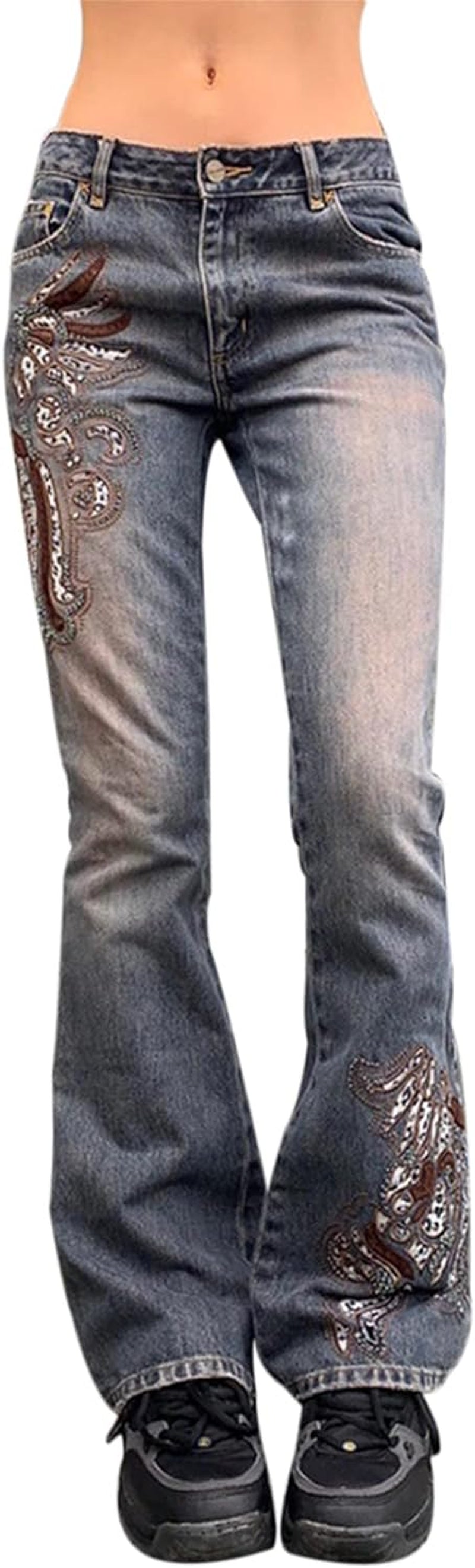 Women High Waisted Pants Y2K Graphic Wide Leg Denim Jeans Straight Casual Loose Baggy Trousers Vintage E-Girl Streetwear.