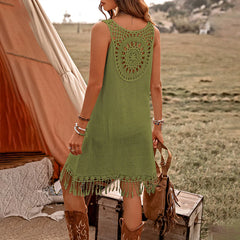 Women Elegant Solid Color V Neck Fringe Detail Sleeveless Bohemian Dress.