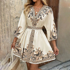 Women Elegant V Neck Lantern Sleeve Wrap Waist Tie Floral Print Dress