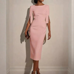 Women Elegant Solid Pearl Embellished Back Zipper and Slit Sleeves round Neck Dress.
