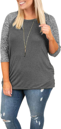 Womens Tops plus Size Raglan Shirt Short Sleeve 3/4 Sleeve Striped Crew Neck Tshirt Tunic with Pockets (5X, B-Grey)