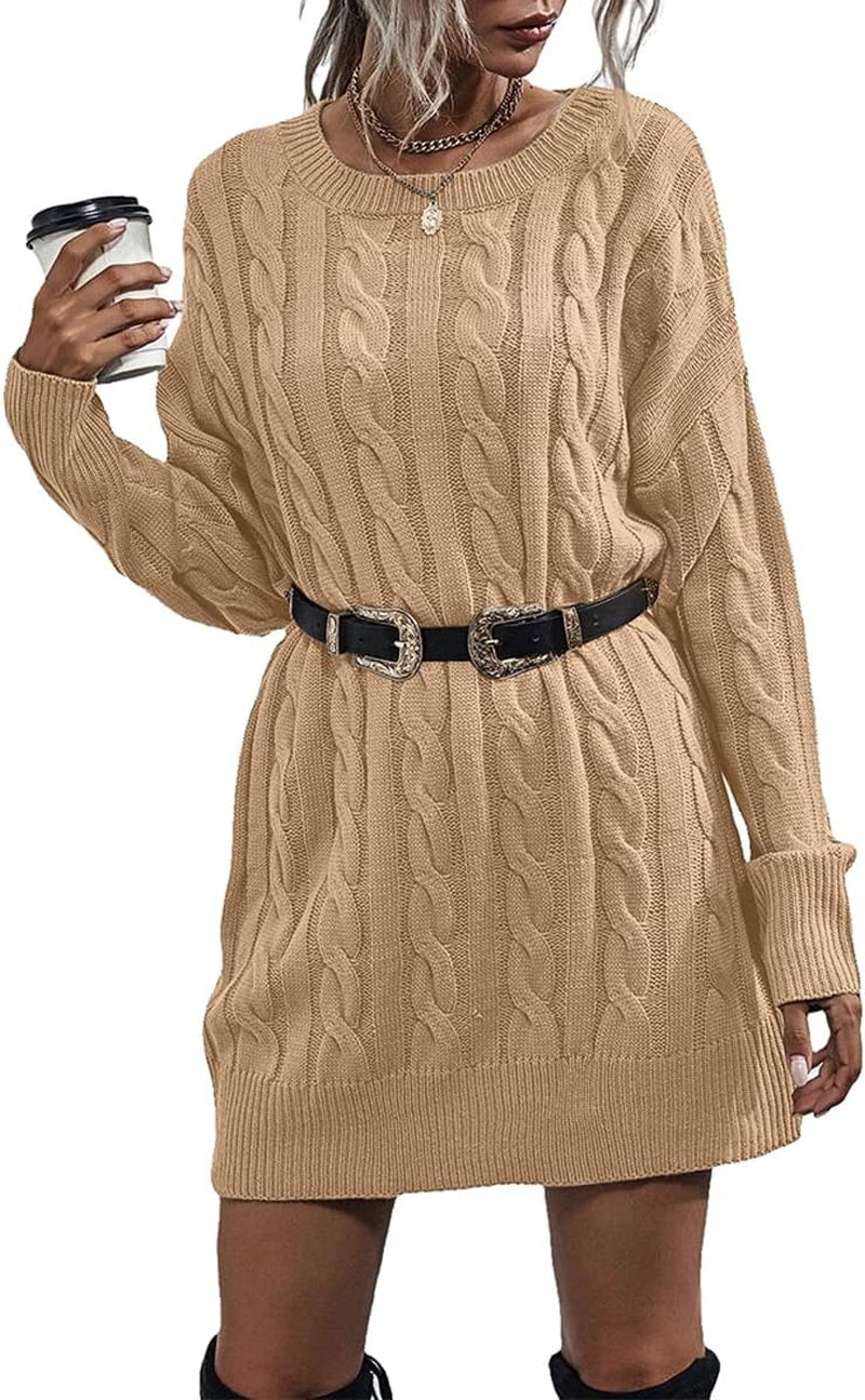 Womens Sweater Dress Crewneck Long Sleeve Cable Knitted Dress Casual Loose Knit Mini Dress Khaki.
