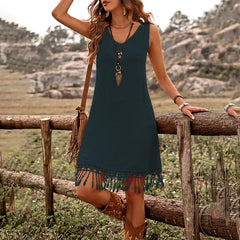 Women Elegant Solid Color V Neck Fringe Detail Sleeveless Bohemian Dress.