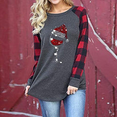 Women'S Christmas Hat Wine Glass Print Long-Sleeved Red Plaid Christmas Sweatshirt Christmas Wine Sweatshirt