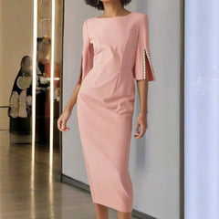 Women Elegant Solid Pearl Embellished Back Zipper and Slit Sleeves round Neck Dress.