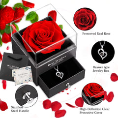 Preserved Red Real Rose with Heart I Love You Necklace，Eternal Flowers Rose Birthday Gifts for Women Her Mom Wife Girlfriend Grandma on Valentines Mothers Day Christmas Anniversary Romant.
