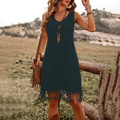 Women Elegant Solid Color V Neck Fringe Detail Sleeveless Bohemian Dress.