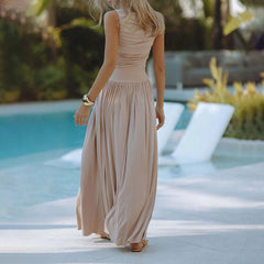 Womens Summer Sleeveless round Neck Ruffled Flowy Long Dress.