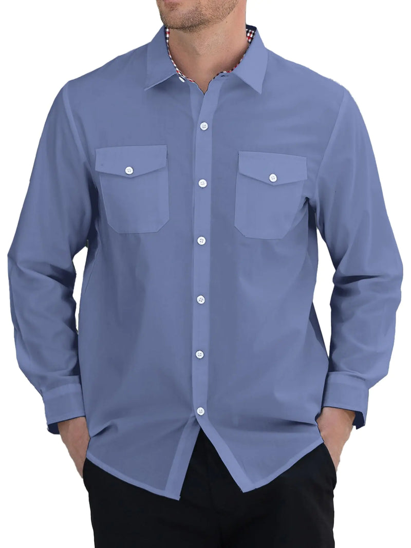 SANGTREE Mens Blue Button Down Shirts Casual Long Sleeve Dress Shirts with Plaid Collar XL