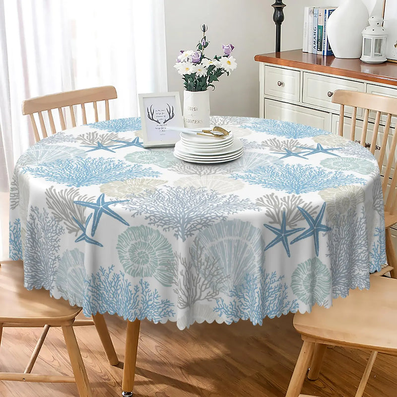 TTQYFNM Nautical Coastal Round Tablecloth 24 Inch Starfish Coral Seashell Print Circular Table Cloth Waterproof Stain Resistant Table Cover for Dining Room Kitchen Indoor Outdoor Picnic Party Decor
