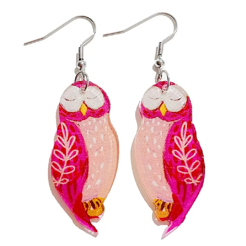 Natural Wooden Love Heart Drop Dangle Earrings Teardrop Wood Geometric Printed for Women Couples Lighweight Valentines Day Jewelry Gifts (Acrylic Owl)