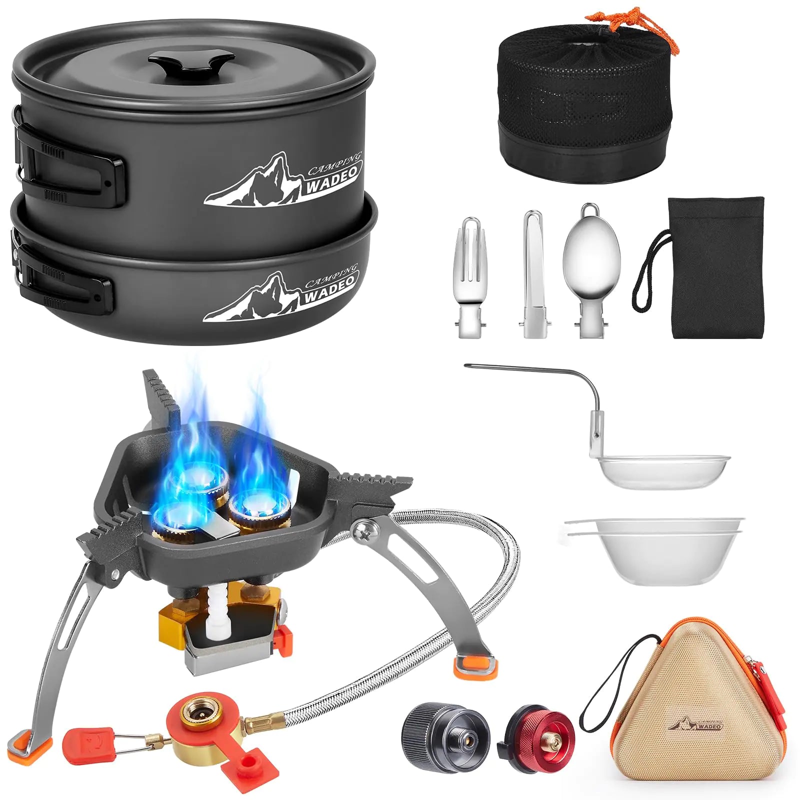 WADEO Camping Cookware Mess Kit with 7200W Camping Stove 14PCS Non-Stick Camping Pot Pan Set with Stainless Steel Fork Knive Spoon for Camping Backpacking Hiking Outdoor Cooking and Picnic