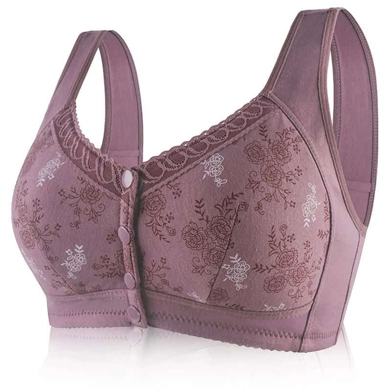 FHTECO Front Closure Bras for Women Plus Size No Wire Bra for Senior Convenient Light Shaping Daisy Bras for Older Women