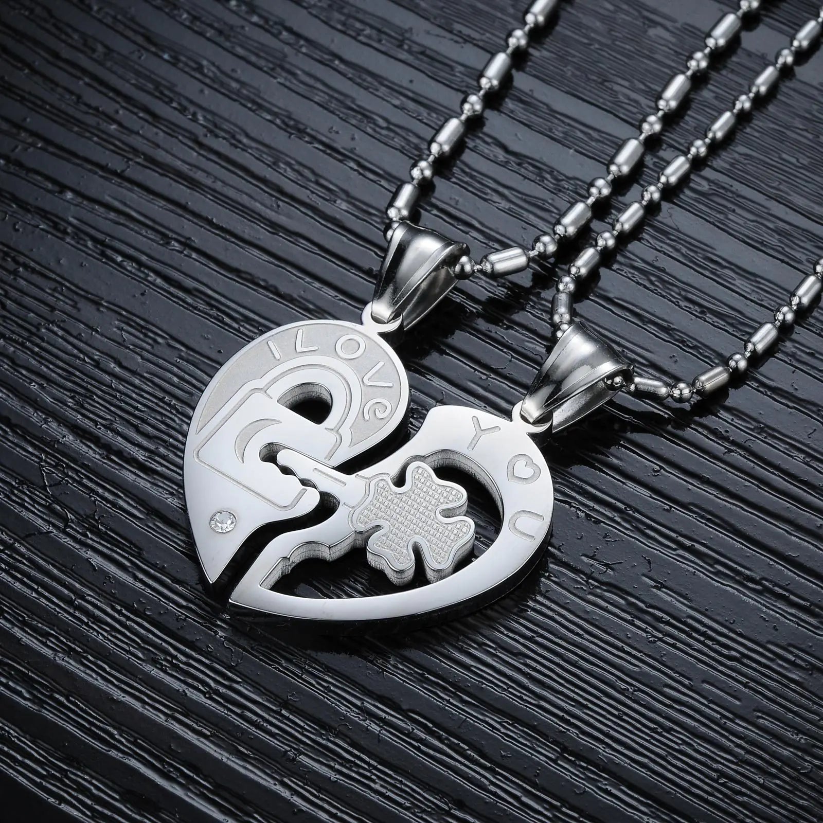 Titanium Steel Key Puzzle Couple Necklace with Rhinestones
