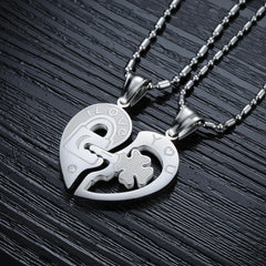 Titanium Steel Key Puzzle Couple Necklace with Rhinestones