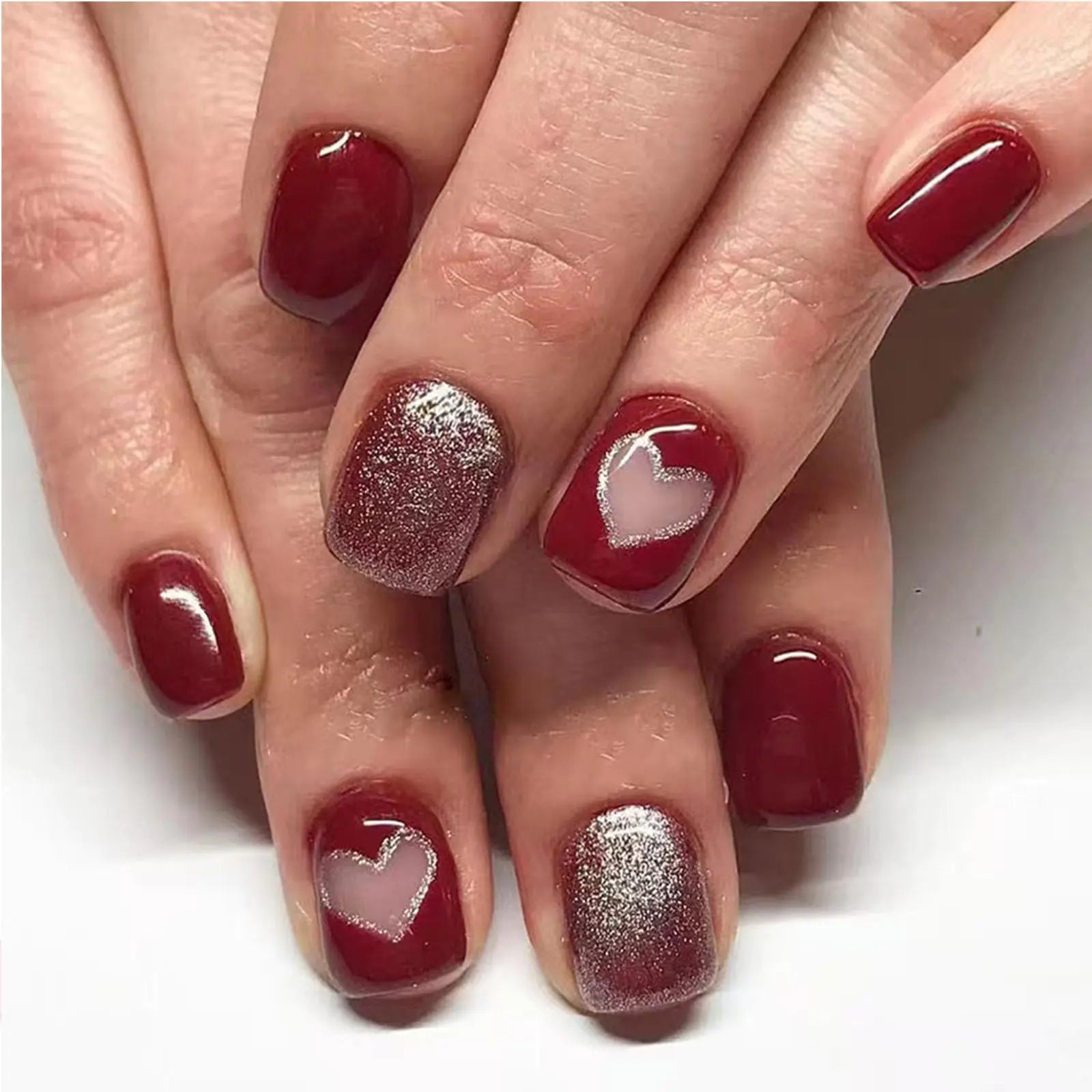 Valentines Day Press on Nails Short Square Fake Nails Acrylic Nails Press ons Red Glue on Nails Glitter False Nails with Heart Designs Valentines Stick on Nails for Women 24Pcs