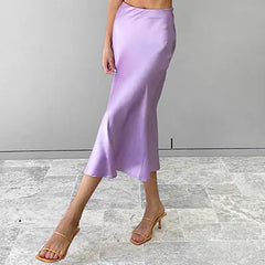 Elegant Satin Mid-Length Skirt/ High-Waist A-Line Skirt