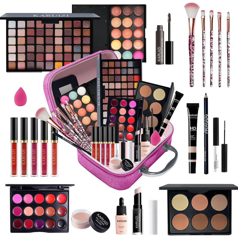 KARUIZI All in One Makeup KitMakeup Kit for Women Teens and Girls All-in-One Set with Eyeshadow Palettes Lipsticks Brushes Storage BagMakeup gift set girls makeup sets ages 8-12 (Red rose)